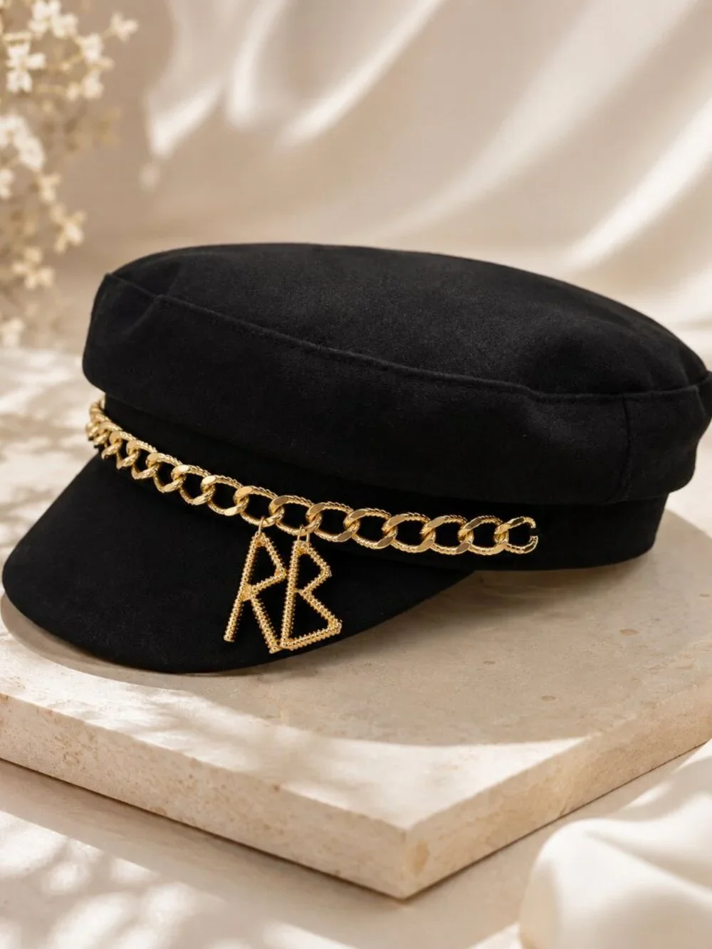 Black Baker Boy Newsboy Cap Gold Chain Charm Military Style Fashion Hat